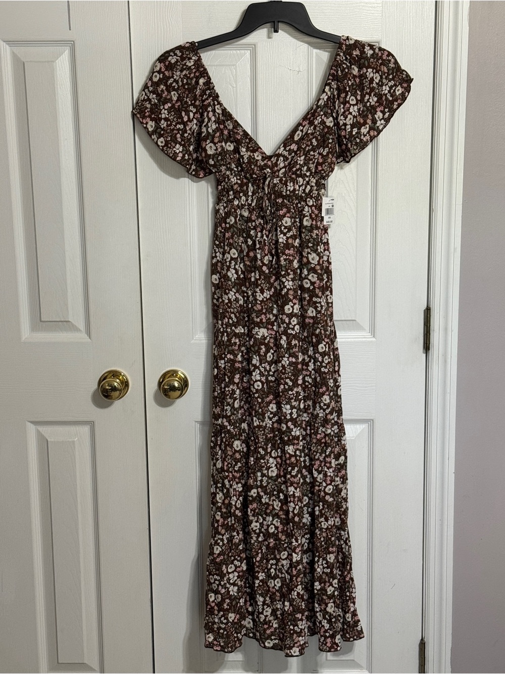 Ultra Flirt Brown Floral Maxi Dress with White and Pink Accents